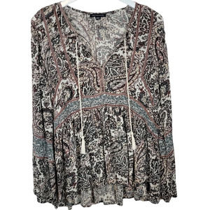 American Eagle Outfitters Boho Paisley Peasant Velvet Trim Tassel Tunic  Size M